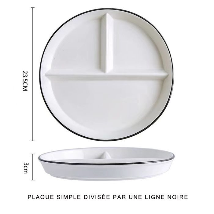 Assiette plate divisée en céramique 9.5 pouces vaisselle de ménage pour une personne plateau repas  - WONSEE -  créatif pour adultes