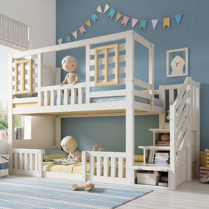 Lit superposé enfant 90x200 cm avec escalier rangement et fenêtres lit enfant 2 couchages sommier inclus norme EN747 bois blanc