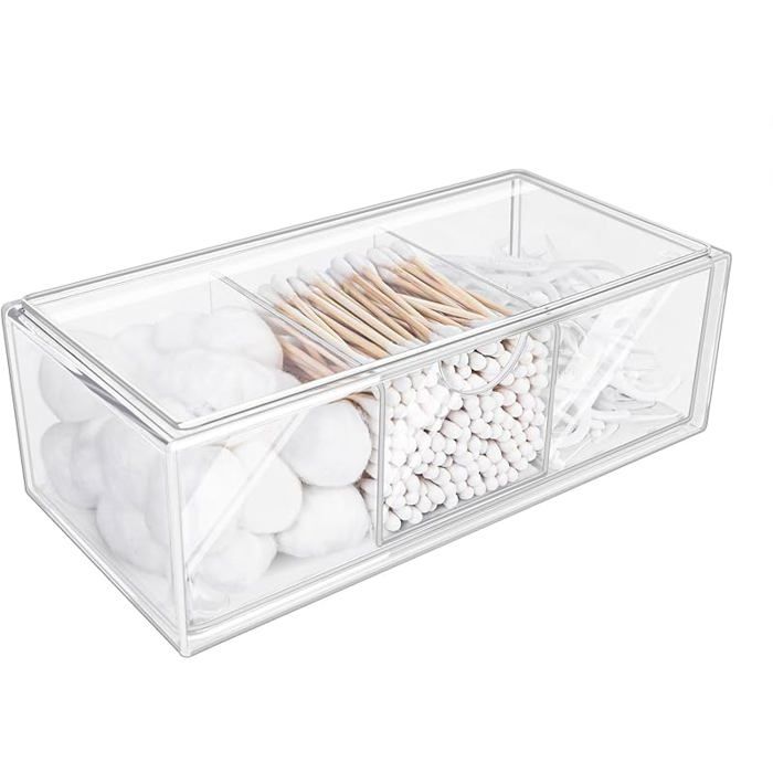 Boite Coton Tige en Acrylique 3 Compartiment Rangement Coton Tige Transparent Organisateur tiroir Rangement 1 pièce