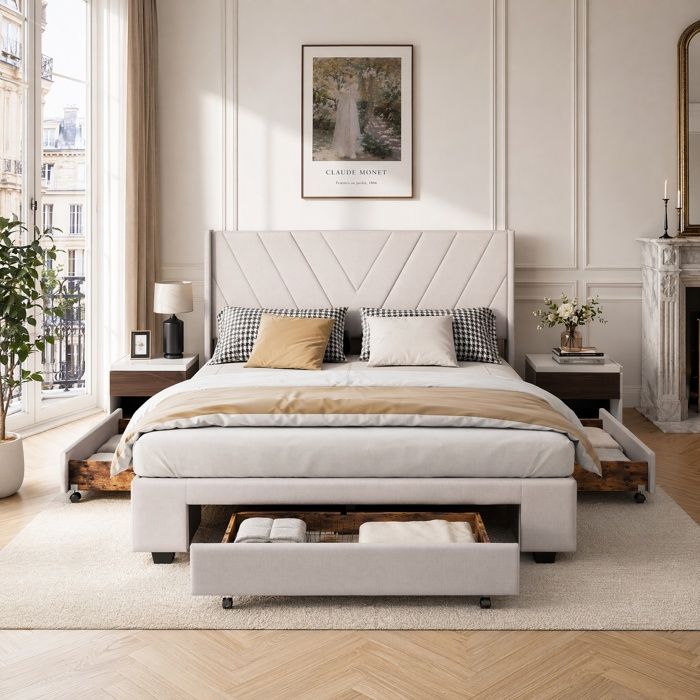 Lit double 160x200 cm SORVAGLOSLit 160 x 200 cm avec 3 tiroirs Lit 2 personnes Lit rembourré avec sommier à lattes lin beige