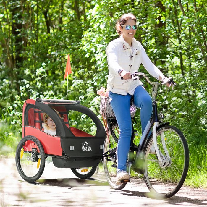 Remorque vélo enfant dès 18 mois 140 x 88 x 90 cm rouge ceinture de sécurité et amortisseurs