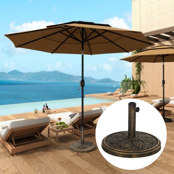 Pied de parasol rétro motif fleur de lotus 12 kg Ø 46 x 33 cm bronze pour jardin et terrasse