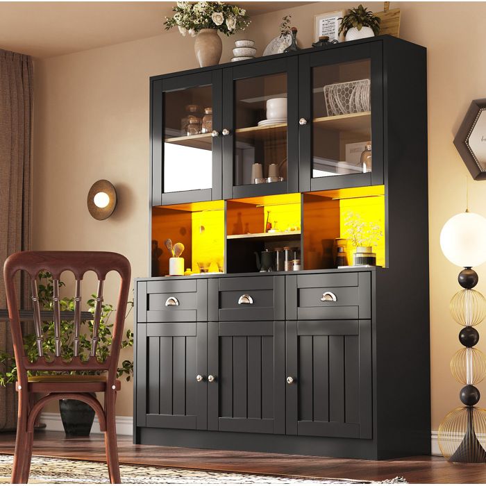 Buffet de cuisine haut 140 x 40 x 175 cm avec LED vitrine en MDF 3 tiroirs 6 portes noir