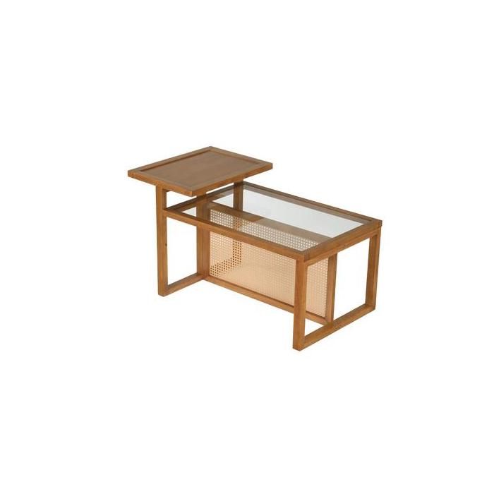 Table Basse Salon Gigognes COSTWAY à 2 Niveaux en Rotin PE Cannage Plateau Verre Trempé Cadre en Bois Caoutchouc 102 x 56 x 56cm