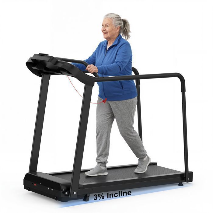 Tapis de marche senior - Memkey - Noir - 120 kg 25 PS 1-12 km/h longues mains courantes
