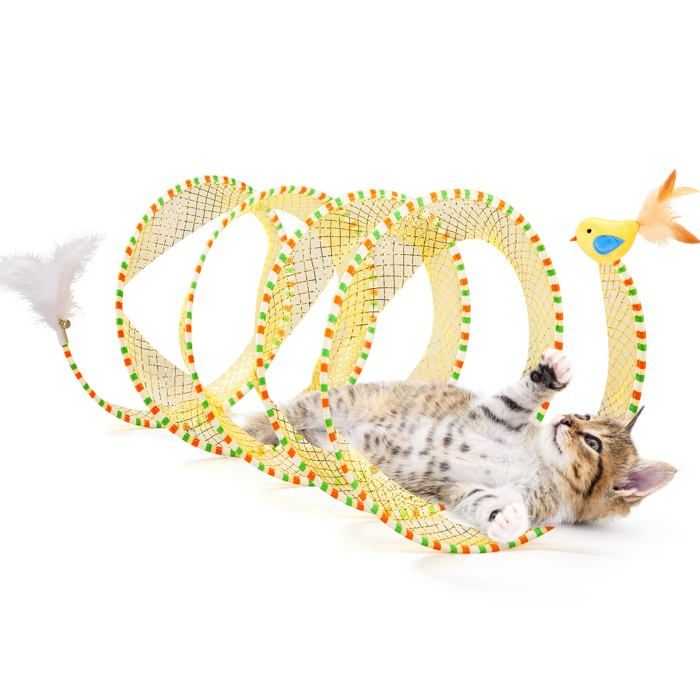 Potara Tunnel Spirale pour Chat Ressort Pliable de 51 cm avec Plume Clochette et Oiseau à l’Herbe à Chat Tunnel de Jeu PARC
