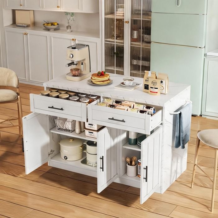 Îlot de cuisine blanc en MDF 120x60x91 cm avec prises USB et espace bar
