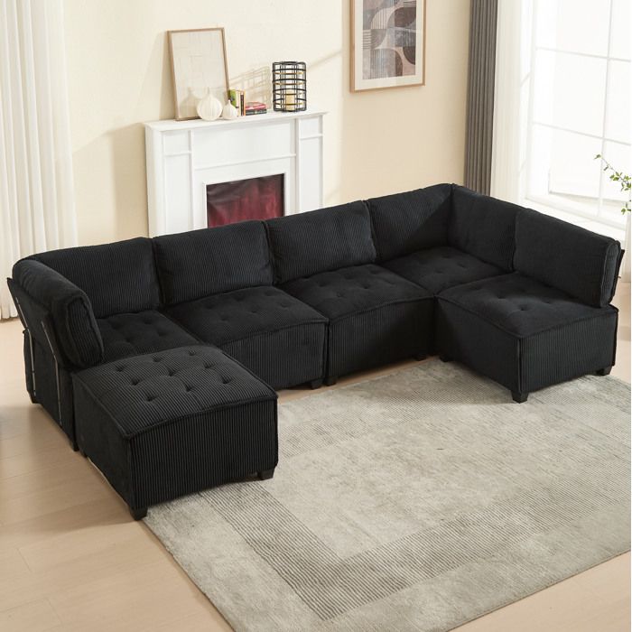 Canapé modulable 6 places 308 cm en velours côtelé noir forme L/U couchage dappoint poches de rangement