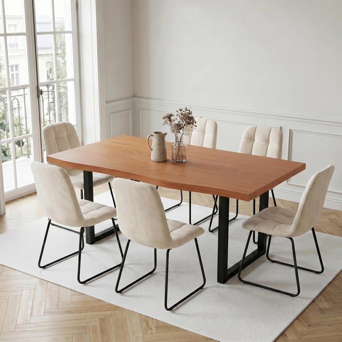 JIEXI Table Couleur Cerisier et 6 Chaises Beige 160 x 80 cm Tissu velours Coussin épaissi Pieds métal noir