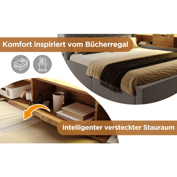 Lit double 140x200 cm LED rangement hydraulique tête L avec espace lattes lin gris (sans matelas)