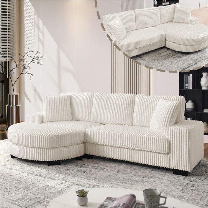 Canapé dangle 4 places modulable réversible - MEUNIQ - pouf ovale 2 coussins tissu corduroy beige