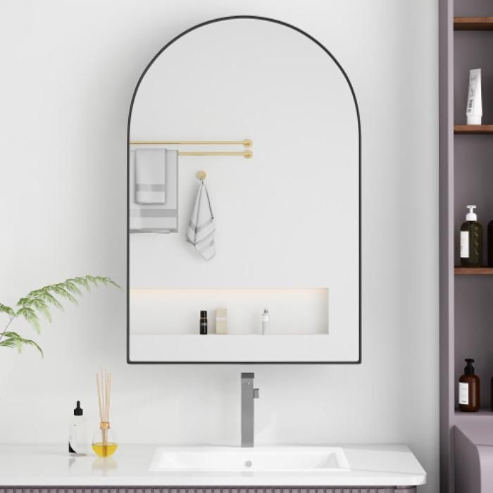 Armoire miroir cintrée noire rangement mural ou encastré étagères ajustables cadre métal pour salle de bain salon ou chambre.