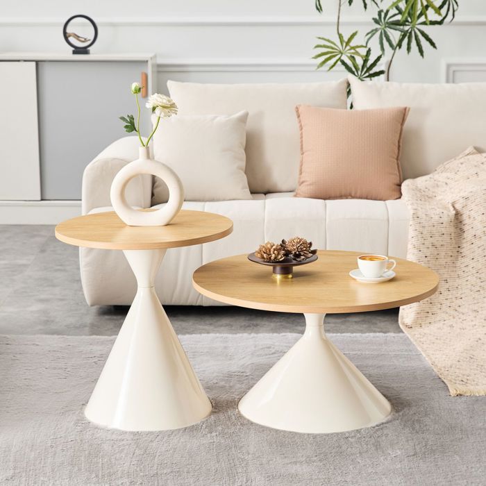 Table Basse lot de 2 pièces forme conique marquée plateau mélaminé aspect bois pied métal crème empilable et peu encombrant