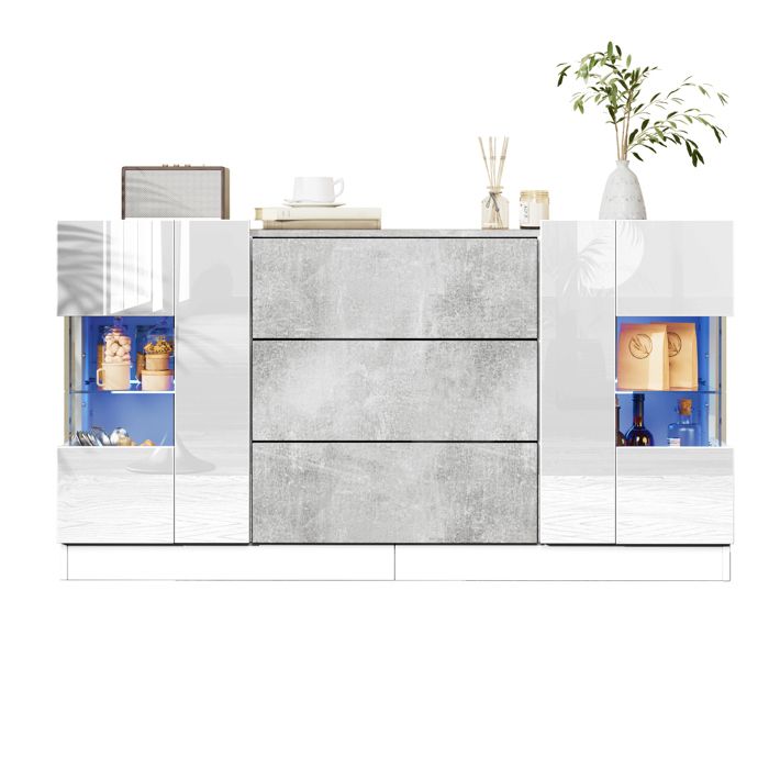 Buffet blanc brillant aspect marbre gris - 2 portes - 3 tiroirs - Éclairage LED 16 couleurs