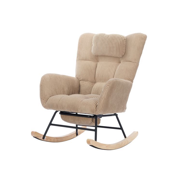 Fauteuil à Bascule - 1 Place - Velours Côtelé - Coussins Inclus & Accoudoirs & Cadre Métal & Cadre Bois - 102 x 65 x 92 cm - Marron
