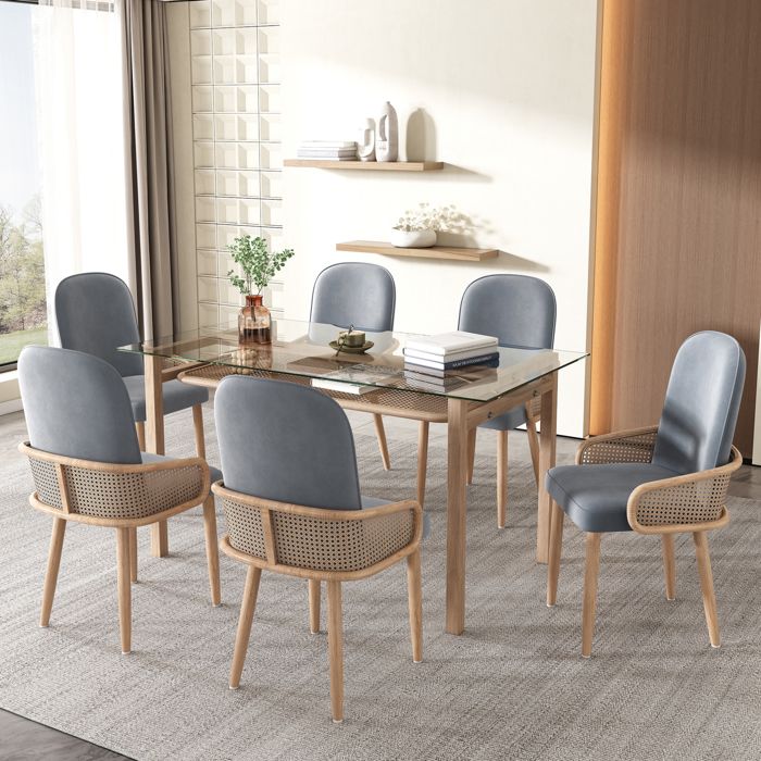 Lot de 6 Chaises de Salle à Manger avec Accoudoirs et Dossier Arrondi en Velours Gris Rotin PE et Métal Effet Bois
