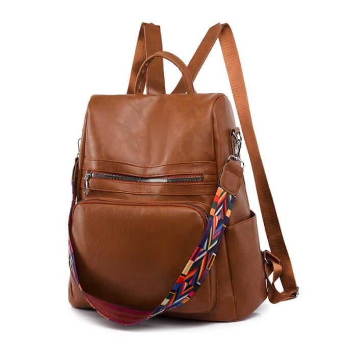 Sac à Dos Femme Anti-vol En Simili Cuir PU Marron - Bandoulière - Taille Moyenne 33x15x32 Cm
