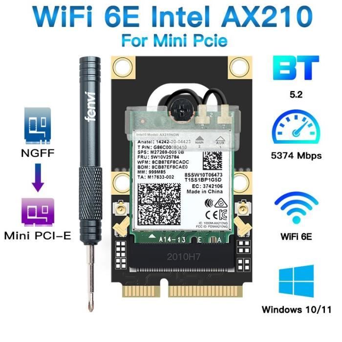 Carte WiFi 6E Intel AX210 - Bluetooth 5.3, M.2/NGFF - Compatible Windows 10/11 - Débit Jusqu'à 2400 Mbps