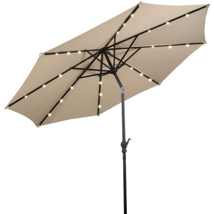 GOPLUS Parasol de Jardin D.300CM-Parasol Patio Droit Inclinable 24 LED Solaire-Poteau Métallique avec Manivelle-Beige(sans Base)