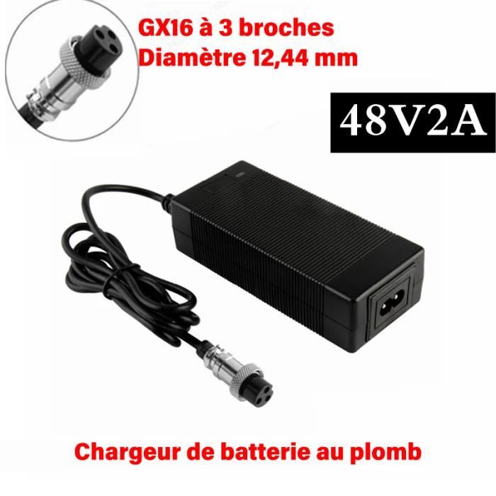 48V Chargeur de batterie au plomb 2A pour batterie au plomb 57.6V pour vélo électrique Scooters moto prise GX16 à 3 broches