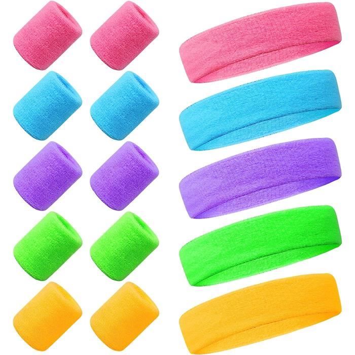FCXQG Bandeau Fluo 15pcs Serre Poignet Annees 80 Cheveux Annee et Bracelets Sport Orange Années Année Vert Eponge Bandeaux Guetres Femme Ensemble Rétro Guetre Bracelet Eponge