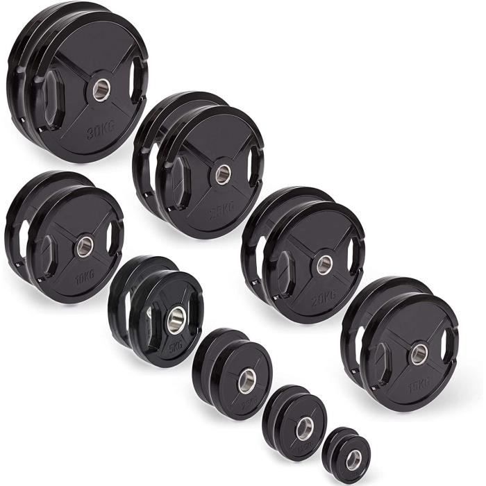 POWRX Disques D'haltères Olympiques 50 Mm – Fonte Caoutchoutée, Noir, 2,5 à 20 Kg, Pour Barres 51 Mm, Entraînement Maison Ou Salle