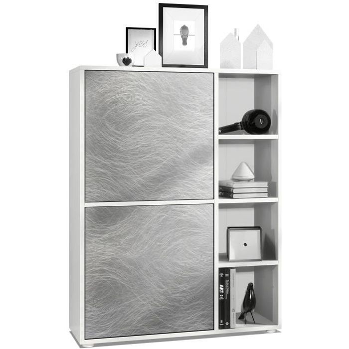 Buffet Haut Canto Blanc - 2 Portes, 8 Compartiments - Design Moderne Avec Panneau Béton Oxyde - 95x151.5x36 Cm - 2