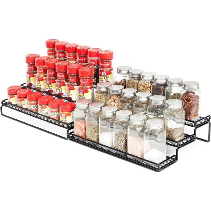 QIWODE Étagère à Épices 3 Niveaux Bambou Et Métal - Organiseur Placard Cuisine Pour Bocaux, Bouteilles Et Canettes