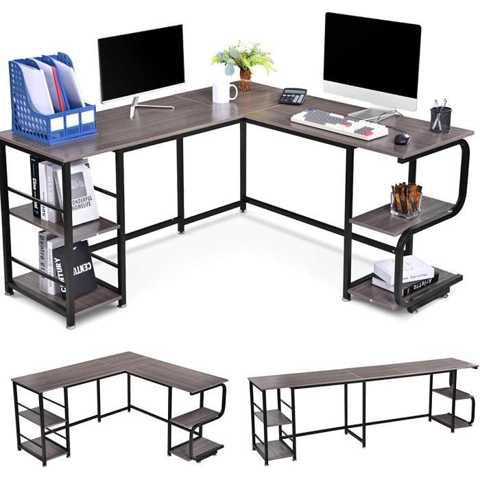 Bureau dordinateur en forme de L Table de PC pour grande salle avec 2 étagères pour la maison et le bureau 