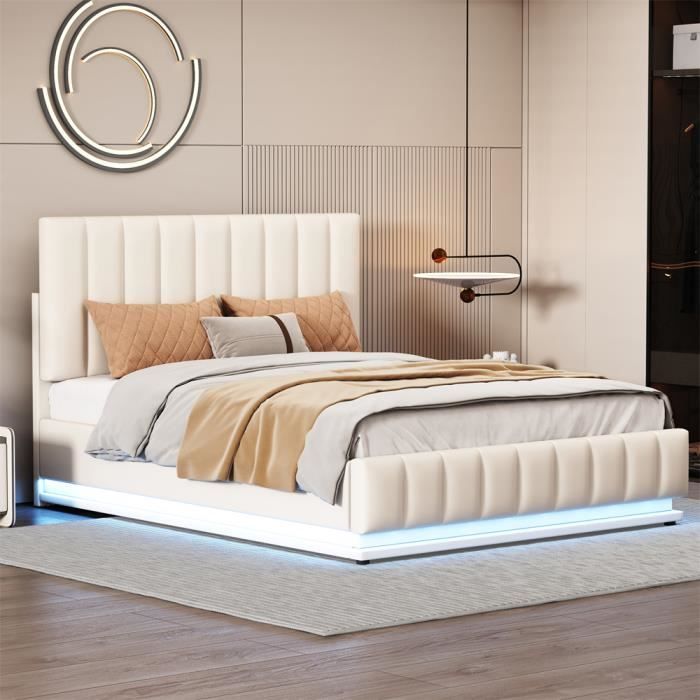 dripex lit rembourré 140 x 200 cm avec led,coffre de lit,lit double,espace de rangement hydraulique, blanc