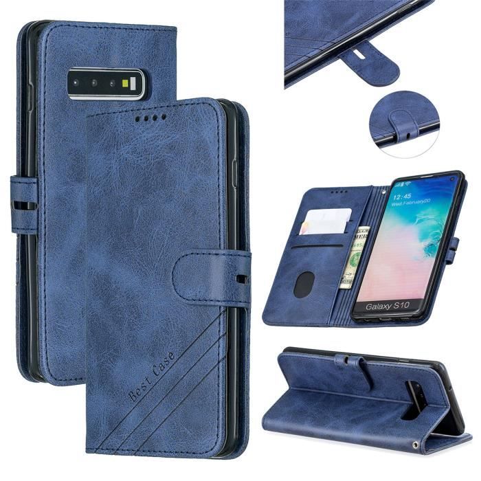 Haute Qualite Housse pour Samsung Galaxy S10 Plus 6.4 Housse de Protection PU Cuir Antichoc Pochette Etui Galaxy S10 Bleu Cdiscount Telephonie