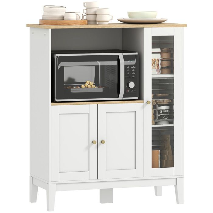 Meuble micro-ondes - HOMCOM - armoire de cuisine buffet 1 niche 3 portes verre trempé - bois verre - 80x35x97cm - blanc