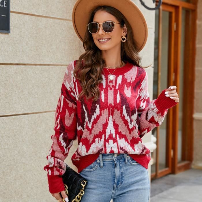 Tricot Pull Jacquard Vintage Femme Pull En Tricoté Femme