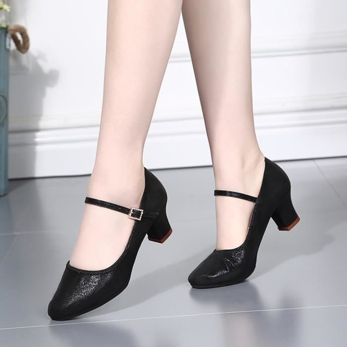 Chaussures Latin Rumba Talon Bas Chaussures De Danse Femme - Tango, Rumba, Valse - Taille Bas Confortable - Semelle Souple - Noir Daim Chaussures Danse Basse Talon
