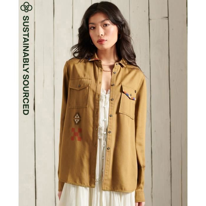 Chemise militaire brod e en tencel femme Superdry kaki Kaki