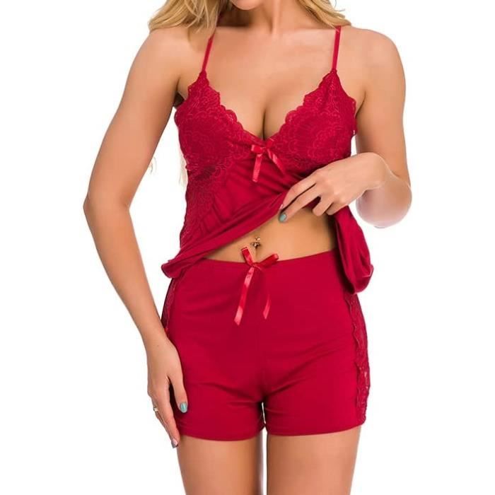 Ensemble de Pyjama Femme 2 pièce Sexy Chic sans Manches Ensemble Nuit Femme  en Dentelle Camisole Vêtements Modal Nightwear rouge Rouge - Cdiscount  Prêt-à-Porter