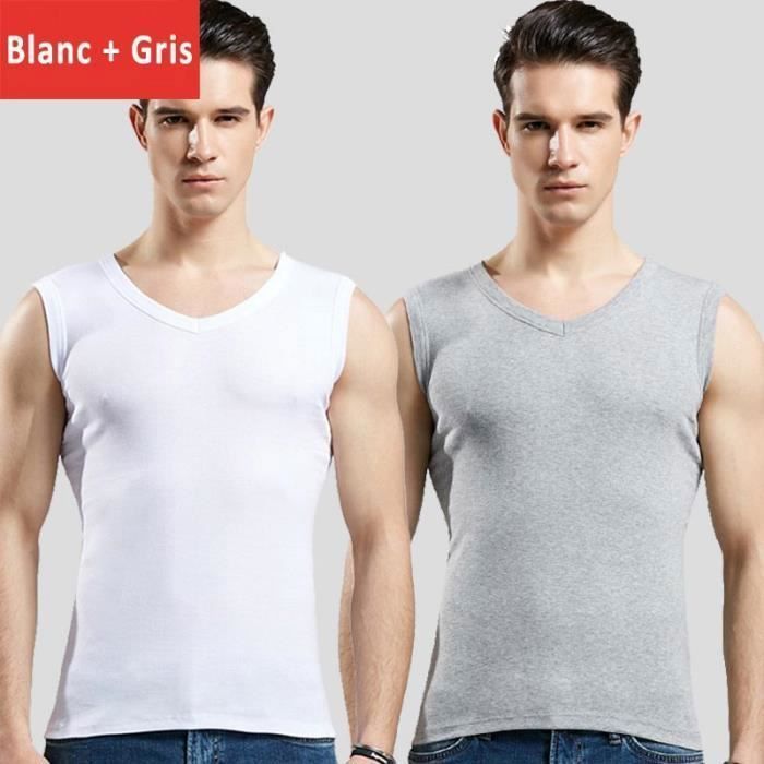 Lot de Débardeur Homme Ete 100% Coton Sans Manches Col V Respirant  Couleur Unie Confortable Blanc/gris
