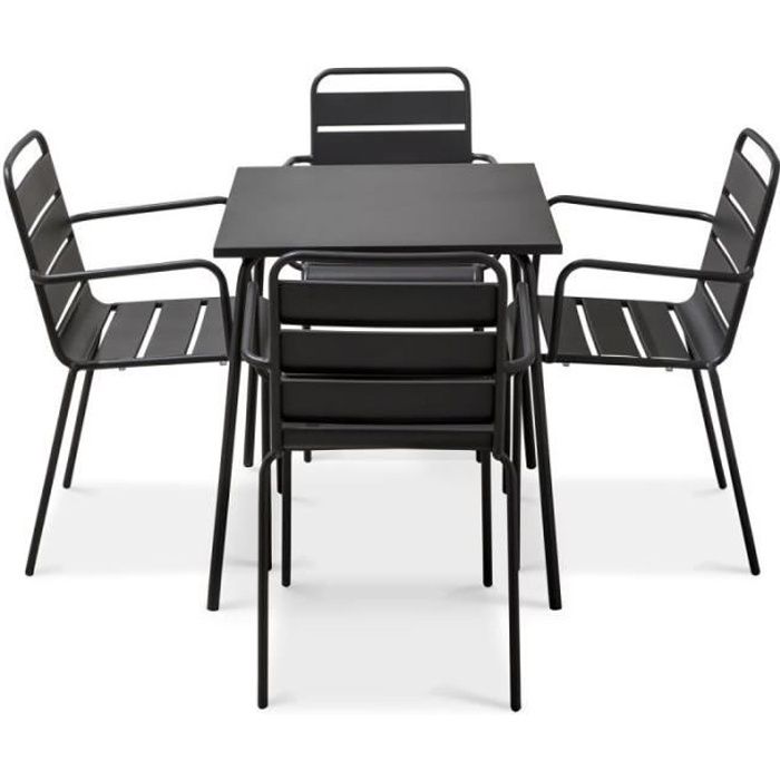 Table de jardin et 4 fauteuils empilables - 70 x 70 x 72 cm - Acier - Palavas - Gris