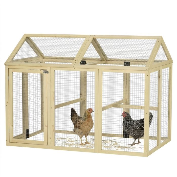 Enclos poulailler - PawHut - parc grillagé porte verrouillable cadre bois massif 1-3 poules - bois - 140x885x106cm - naturel