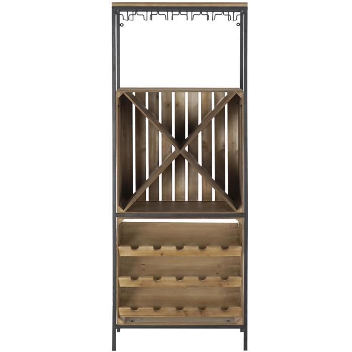 meuble de bar en bois de sapin naturel et métal noir - longueur 60 x profondeur 30 x hauteur 160 cm