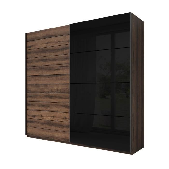 Armoire 2 portes coulissantes 200cm couleur chêne foncé et noir