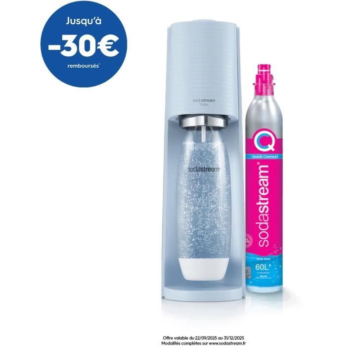 Machine à soda et eau pétillante SODASTREAM - TERRA Bleu - 1 bouteille compatible lave-vaisselle - 1 recharge de gaz 60L