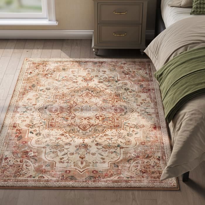Tapis de salon 120 x 170 cm Antidérapant Style Vintage Traditionnel Lavable en machine Beige Cappuccino