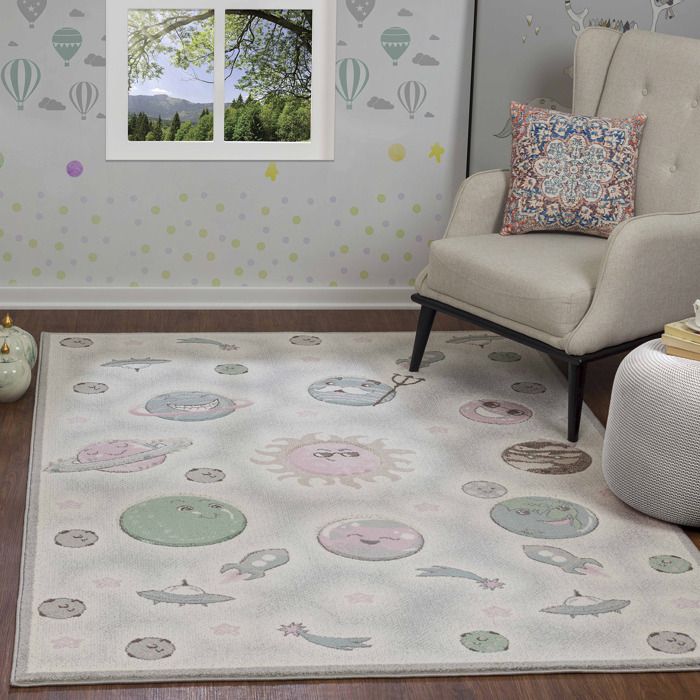 Tapis Rond Imitation Cachemire Pour Chambre D'enfant - Motif Planètes Soleil ø160 Cm