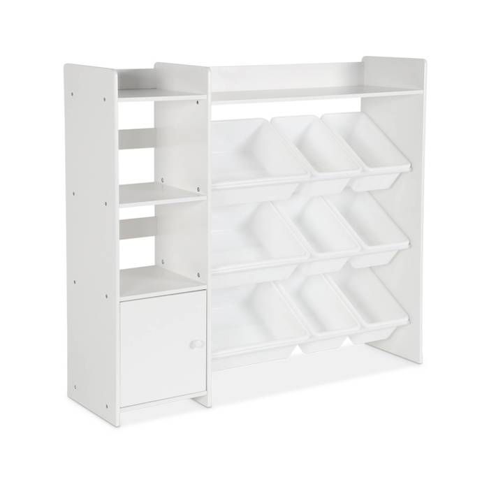 Meuble de rangement enfant. blanc. 9 bacs de rangement. 4 étagères. 1 porte
