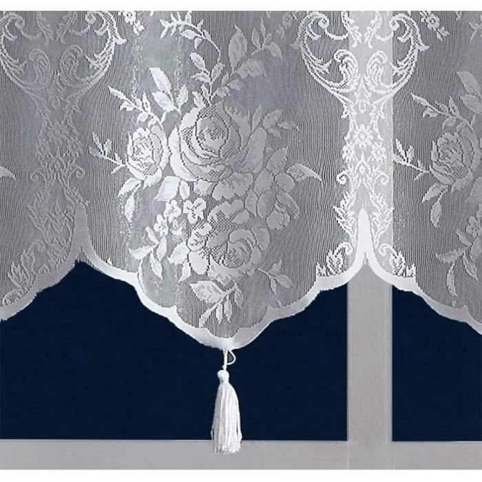 Rideau Brise-Bise Devola Dentelle Jacquard - Style Campagne Motif Floral | 60x150 Cm Blanc - Avec Passes Pour Tringle