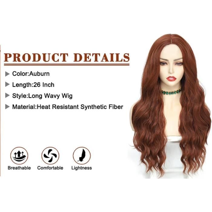 Perruque Longue Rouge à Frange Pour Femme - Cheveux Synthétiques Naturels Avec Bonnet Ajustable
