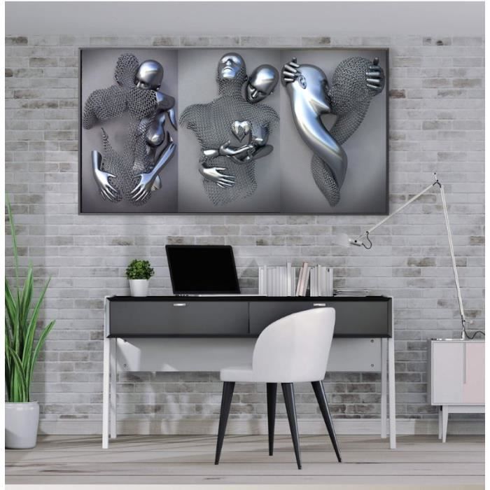 Métal Fil Sculpture Figure Couple Qui S'embrasse Suspendu Peinture, Abstrait Toile Wall Art Pour De Chambre/Maison/Bureau, 60X80CM - Maison