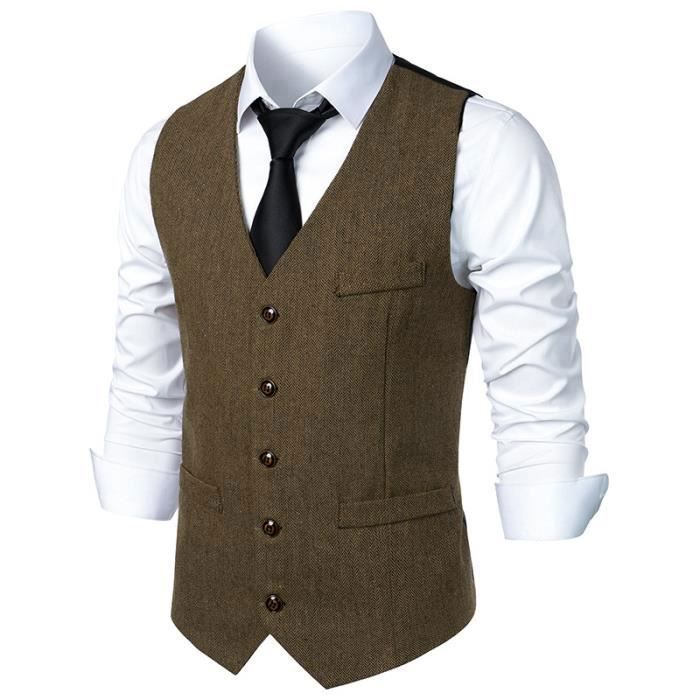 Gilet De Costume Homme Simili Laine Slim Col V Sans Manche