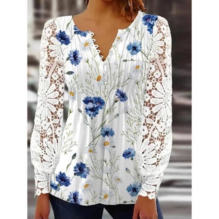 Chemisier Femme CHEMISE CHEMISETTE Manches Longues Dentelle Col V Bleu Cdiscount Pret a Porter